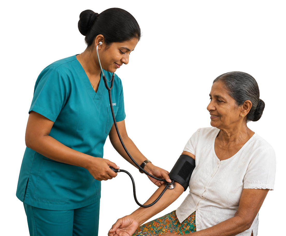 Nurse recording blood pressure for an elderly patient at the camp